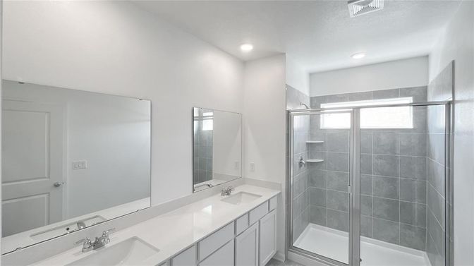 Bathroom, Dual Sink Vanities, Glass Shower, Interior, Recessed Lighting