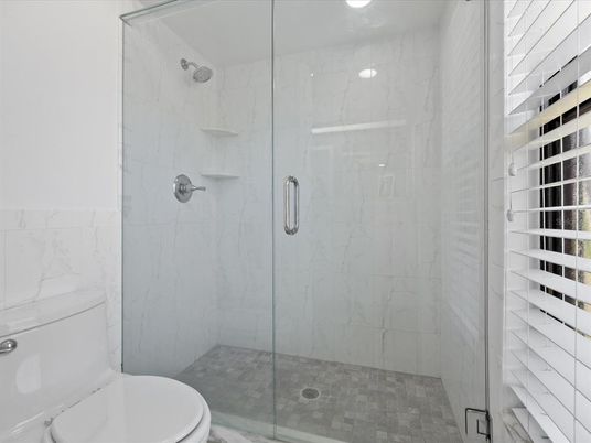 Bathroom, Glass Shower, Interior, Marble Walls, Recessed Lighting