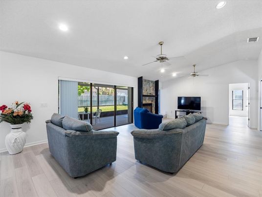 Fireplace, Interior, Living room, Recessed Lighting, Wood Texture Flooring