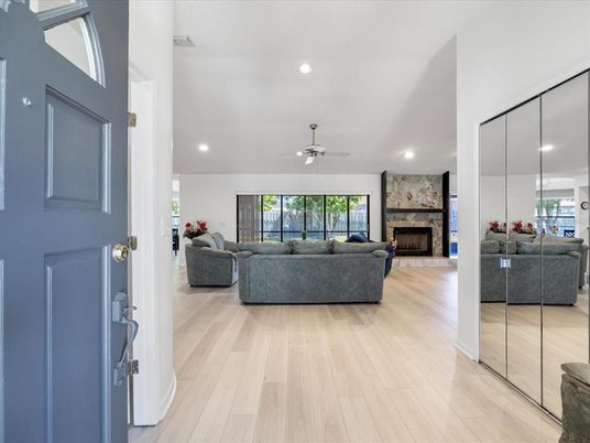 Fireplace, Interior, Living room, Recessed Lighting, Wood Texture Flooring