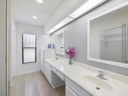 Bathroom, Dual Sink Vanities, Interior, Recessed Lighting, Wood Texture Flooring