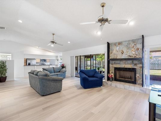 Fireplace, Interior, Kitchen, Living room, Recessed Lighting, Wood Texture Flooring