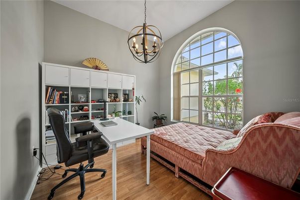 Bedroom, Chandelier, Home Office, Interior, Pendant Lights, Wood Texture Flooring