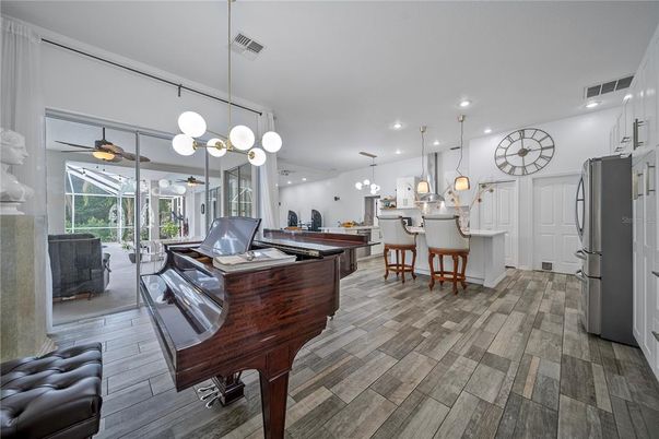 Billiard Table, Interior, Kitchen, Pendant Lights, Piano, Recessed Lighting, Wood Texture Flooring