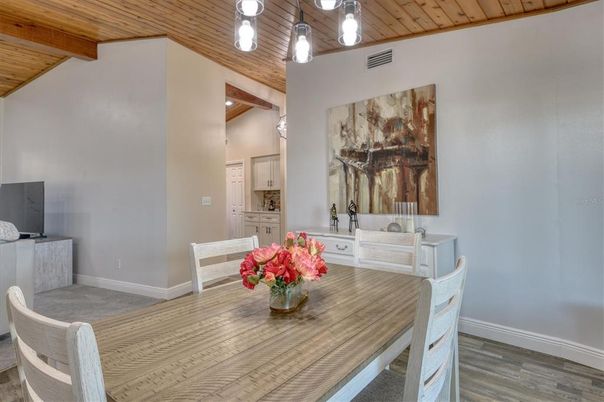 Dining room, Interior, Pendant Lights, Wooden Beams, Wooden Ceilings, Wood Texture Flooring