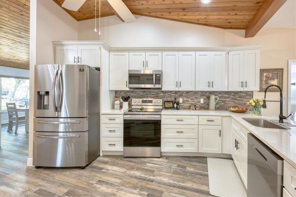 Interior, Kitchen, Recessed Lighting, Stainless Steel Appliances, Wooden Beams, Wooden Ceilings, Wood Texture Flooring