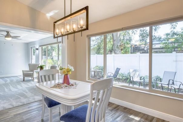 Dining room, Interior, Pendant Lights, Wood Texture Flooring