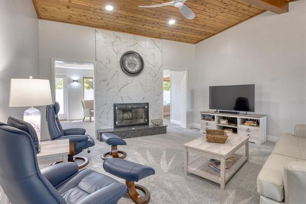 Fireplace, Interior, Living room, Recessed Lighting, Wooden Ceilings