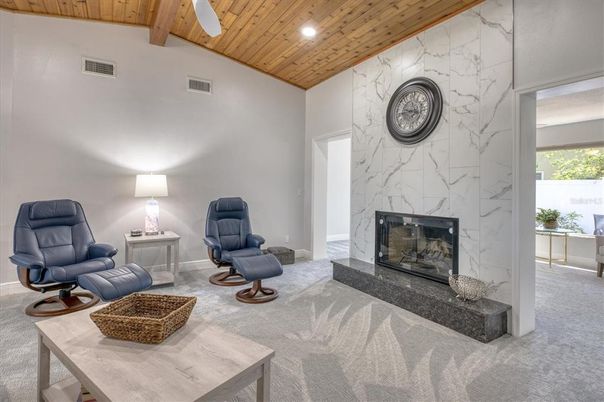 Fireplace, Interior, Marble Walls, Recessed Lighting, Wooden Beams, Wooden Ceilings