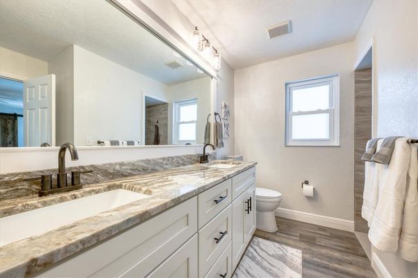Bathroom, Dual Sink Vanities, Interior, Wood Texture Flooring