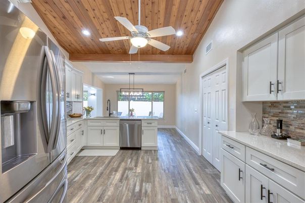 Interior, Kitchen, Pendant Lights, Recessed Lighting, Stainless Steel Appliances, Wooden Ceilings, Wood Texture Flooring