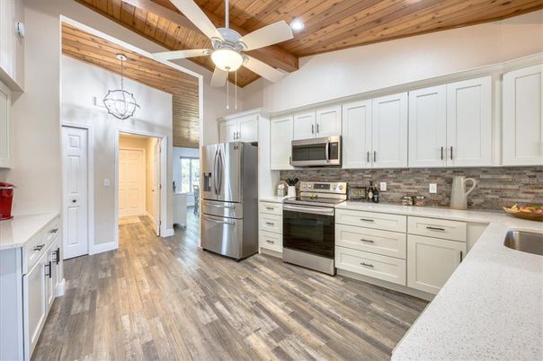 Interior, Kitchen, Pendant Lights, Recessed Lighting, Stainless Steel Appliances, Wooden Beams, Wooden Ceilings, Wood Texture Flooring