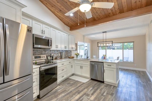 Interior, Kitchen, Pendant Lights, Stainless Steel Appliances, Wooden Beams, Wooden Ceilings, Wood Texture Flooring