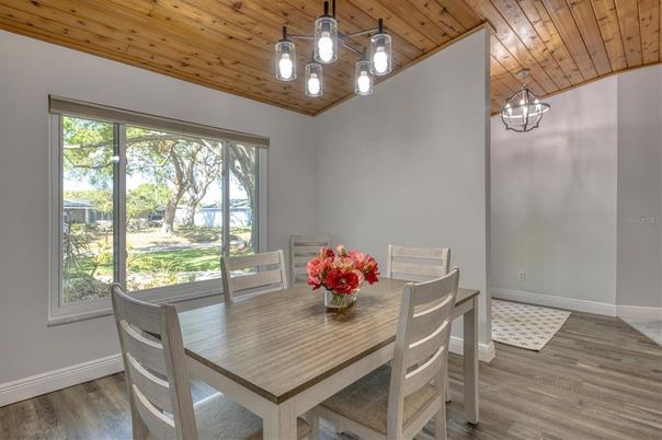 Dining room, Interior, Pendant Lights, Wooden Ceilings, Wood Texture Flooring