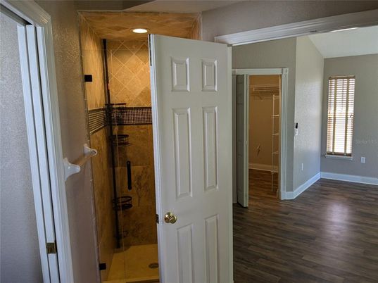 Bathroom, Glass Shower, Interior, Recessed Lighting, Wood Texture Flooring