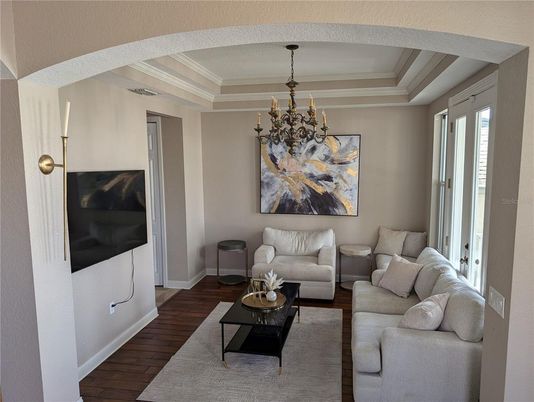 Chandelier, Interior, Living room, Wood Texture Flooring