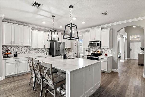 Interior, Kitchen, Pendant Lights, Recessed Lighting, Stainless Steel Appliances, Wood Texture Flooring