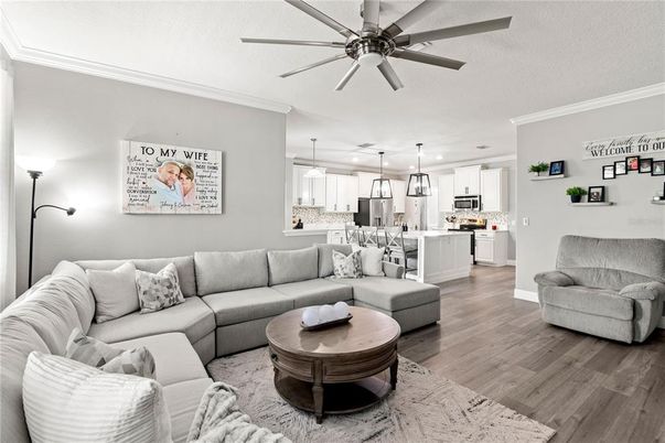 Interior, Kitchen, Living room, Pendant Lights, Recessed Lighting, Wood Texture Flooring