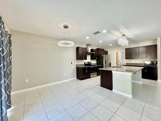 Chandelier, Interior, Kitchen, Pendant Lights, Recessed Lighting, Stainless Steel Appliances