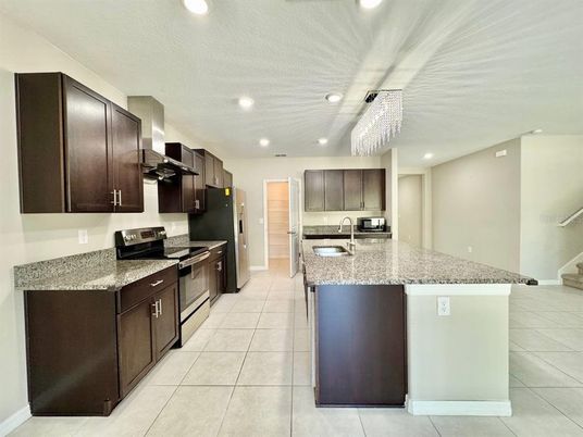 Chandelier, Interior, Kitchen, Recessed Lighting, Stainless Steel Appliances