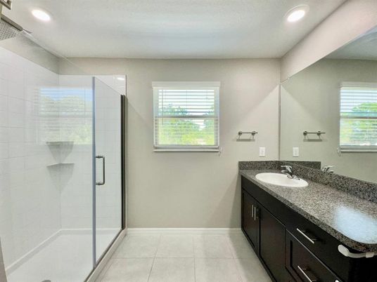 Bathroom, Dual Sink Vanities, Glass Shower, Interior, Recessed Lighting