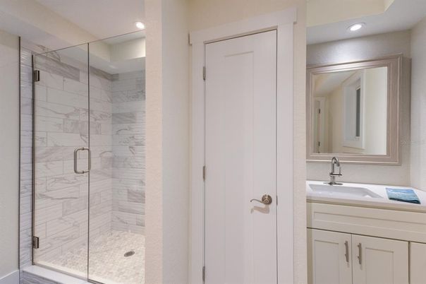 Bathroom, Glass Shower, Interior, Marble Walls, Recessed Lighting