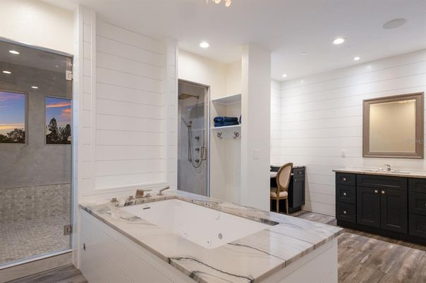 Bathroom, Glass Shower, Interior, Recessed Lighting, Wood Texture Flooring