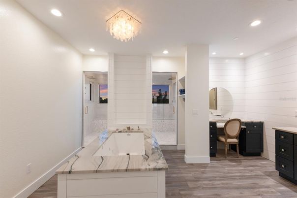 Bathroom, Chandelier, Interior, Recessed Lighting, Wood Texture Flooring