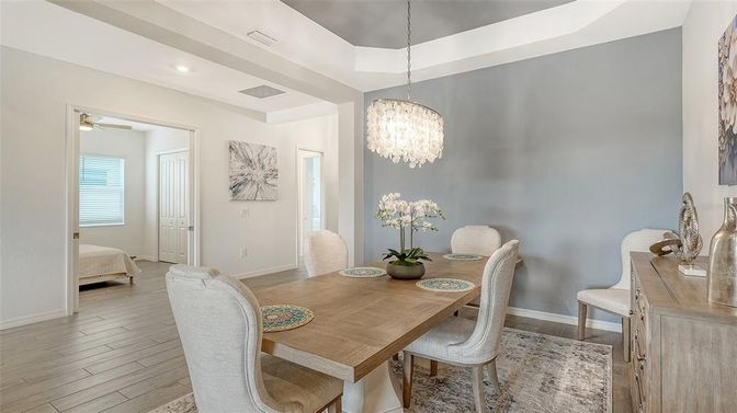 Chandelier, Dining room, Interior, Recessed Lighting, Wood Texture Flooring