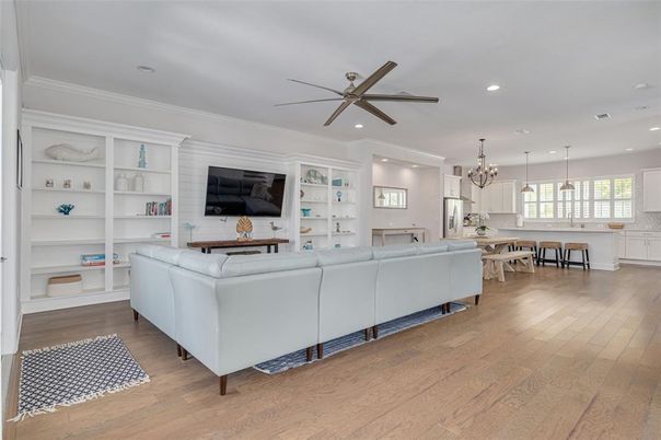Chandelier, Dining room, Interior, Kitchen, Living room, Pendant Lights, Recessed Lighting, Wood Texture Flooring