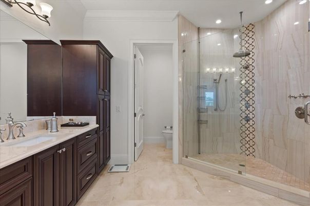 Bathroom, Dual Sink Vanities, Glass Shower, Interior, Recessed Lighting