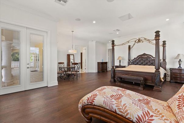 Bedroom, Dining room, Interior, Pendant Lights, Recessed Lighting, Wood Texture Flooring