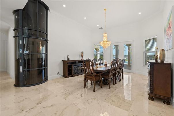 Chandelier, Dining room, Interior, Marble, Recessed Lighting
