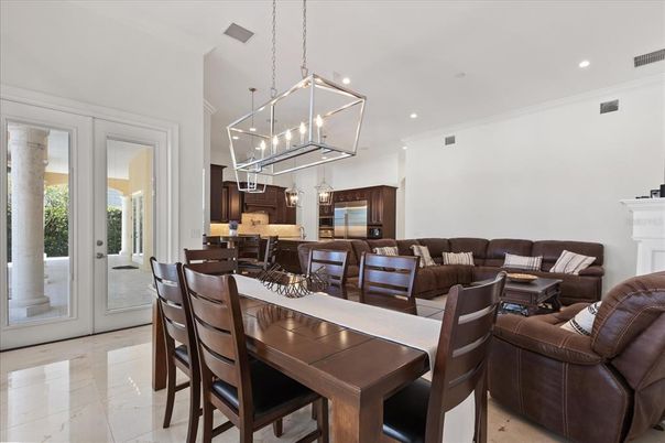 Dining room, Interior, Kitchen, Living room, Marble, Pendant Lights, Recessed Lighting