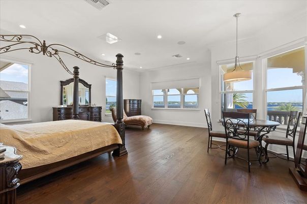 Bedroom, Dining room, Interior, Pendant Lights, Recessed Lighting, Wood Texture Flooring