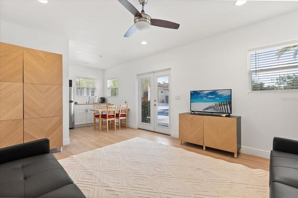 Dining room, Interior, Living room, Recessed Lighting, Wood Texture Flooring