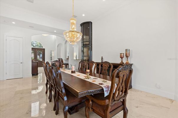 Chandelier, Dining room, Interior, Marble, Recessed Lighting