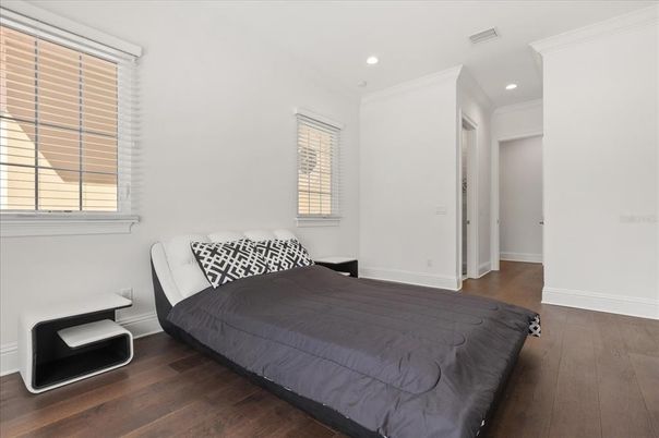 Bedroom, Interior, Recessed Lighting, Wood Texture Flooring