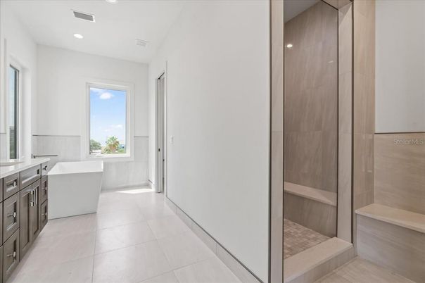 Bathroom, Free Standing Baths, Glass Shower, Interior, Recessed Lighting
