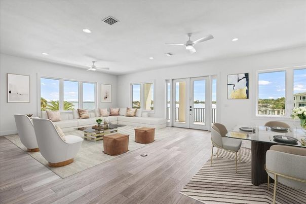 Dining room, Interior, Living room, Recessed Lighting, Wood Texture Flooring