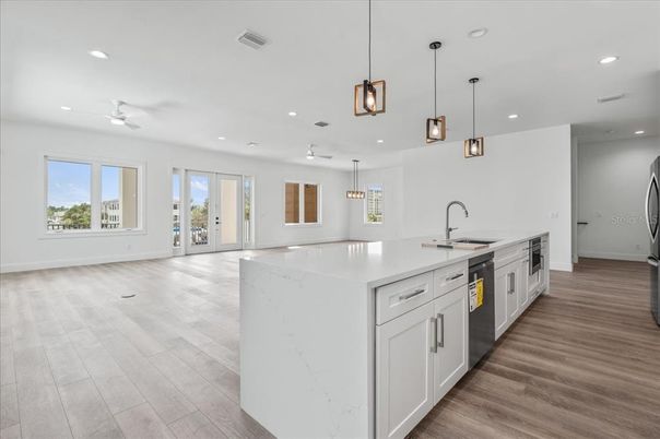 Interior, Kitchen, Pendant Lights, Recessed Lighting, Wood Texture Flooring