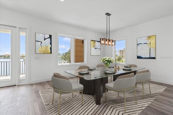 Dining room, Interior, Pendant Lights, Recessed Lighting, Wood Texture Flooring