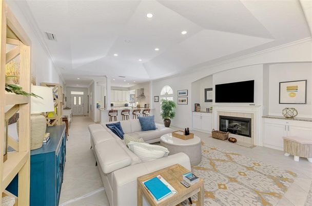 Fireplace, Interior, Kitchen, Living room, Recessed Lighting