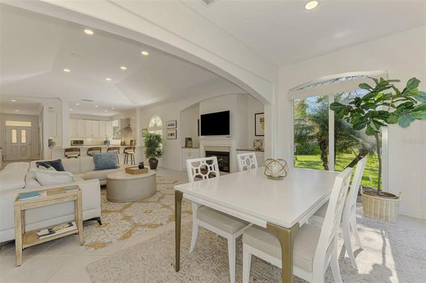 Dining room, Fireplace, Interior, Kitchen, Living room, Recessed Lighting