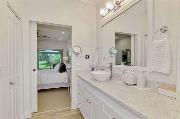 Bathroom, Bedroom, Dual Sink Vanities, Interior, Recessed Lighting, Wood Texture Flooring