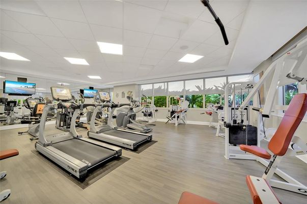 Fitness Equipment, Gym, Interior, Recessed Lighting, Wood Texture Flooring