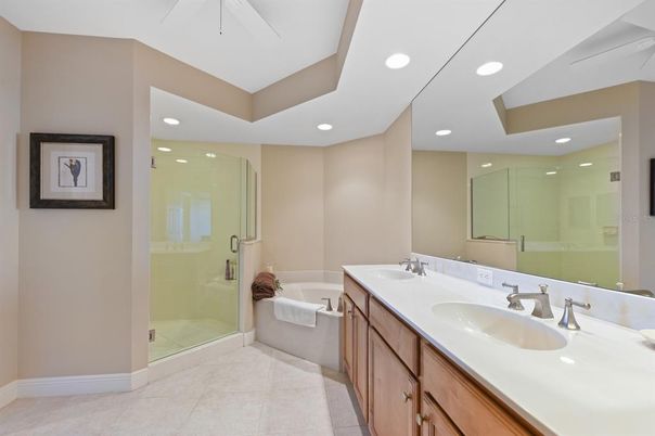 Bathroom, Dual Sink Vanities, Glass Shower, Interior, Recessed Lighting