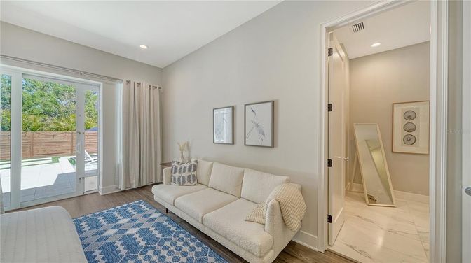 Interior, Living room, Marble, Recessed Lighting, Wood Texture Flooring