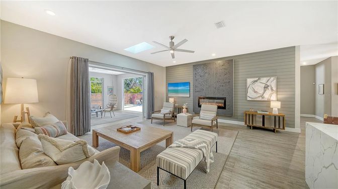 Fireplace, Interior, Living room, Recessed Lighting, Stone Walls