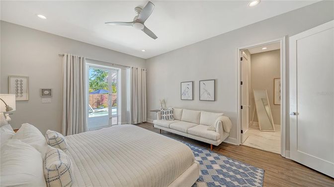 Bedroom, Interior, Recessed Lighting, Wood Texture Flooring